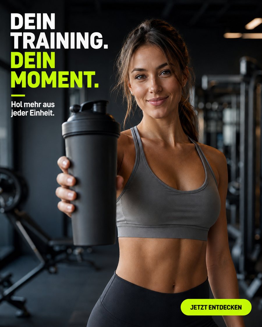 Anzeigenmotiv im Feed-Format: eine Sportlerin im Studio mit einem Shaker, dazu eine Schlagzeile und ein Knopf