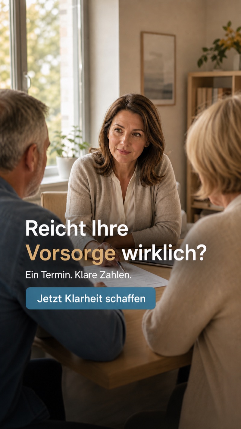 Anzeigenmotiv im Hochformat: eine Beraterin am Tisch im Gespräch mit einem Paar, dazu die Frage, ob die Vorsorge reicht, und ein Knopf für einen Termin