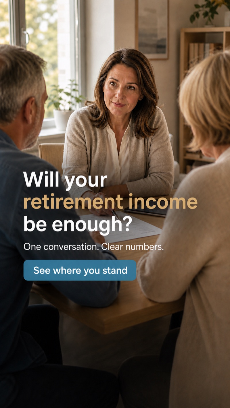 Portrait-format ad creative: an adviser at a table talking with a couple, with the question of whether their retirement income will be enough, and a button to book a slot