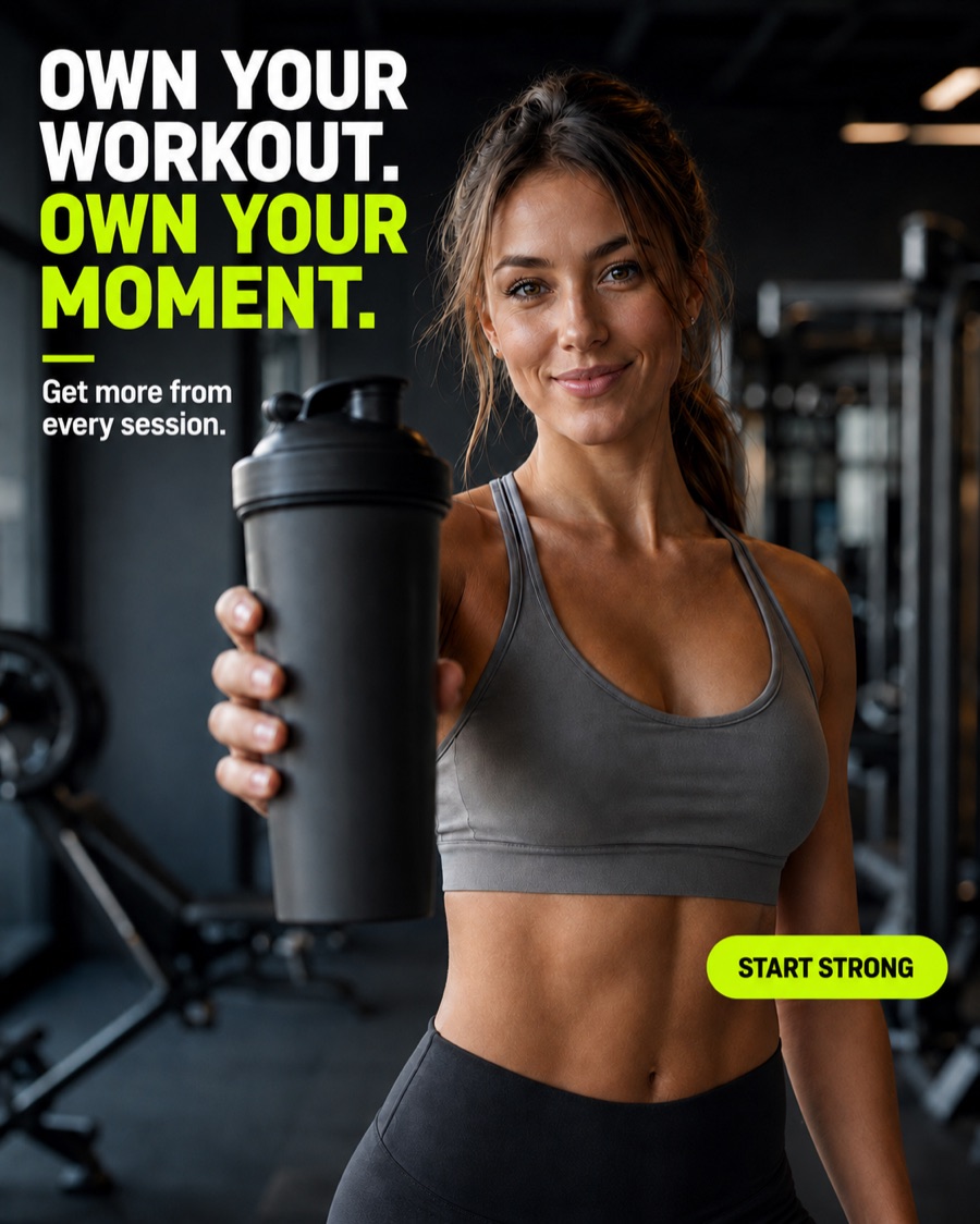 Feed-format ad creative: an athlete in a gym holding a shaker, with a headline and a button