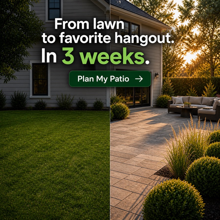 Square ad creative: a lawn on the left, the same space as a finished patio on the right, with the timeframe and a button to start planning