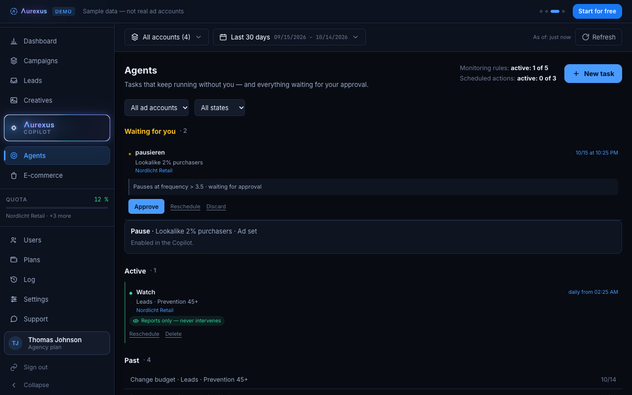 The aurexus agents page with an agent waiting for approval