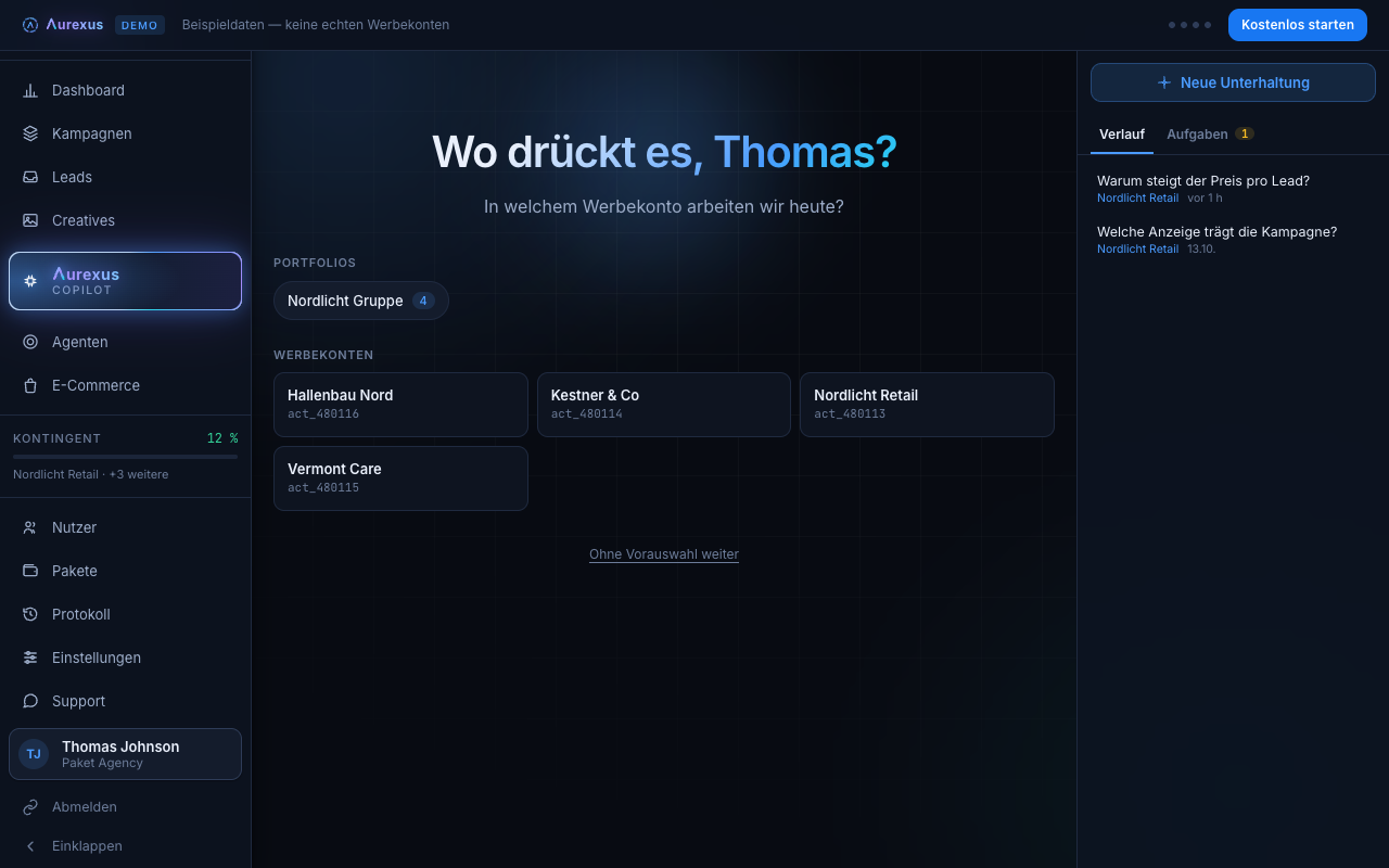 Der Startbildschirm des aurexus Copilots mit vier Demo-Werbekonten