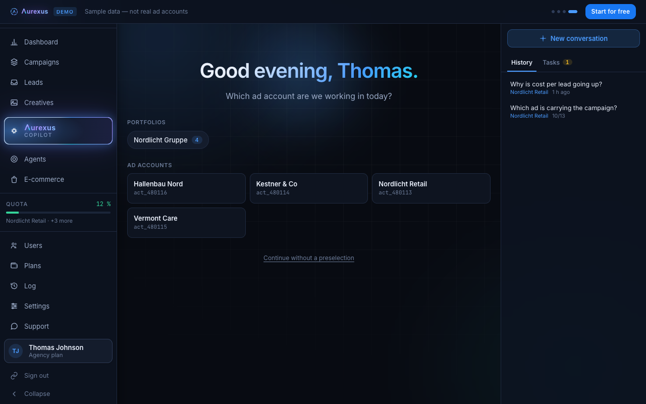 The aurexus copilot start screen with four demo ad accounts