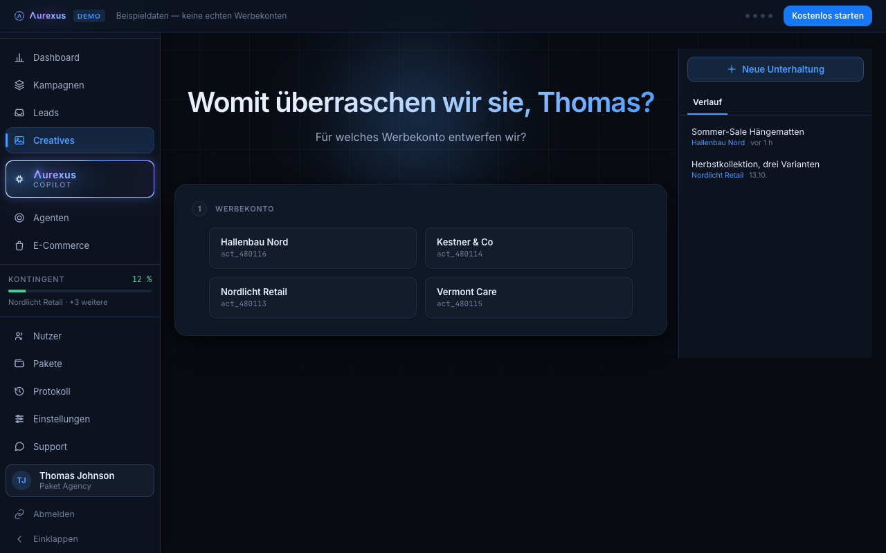 Der Startbildschirm des aurexus Creative Centers: das Demo-Werbekonto wählen, für das entworfen wird