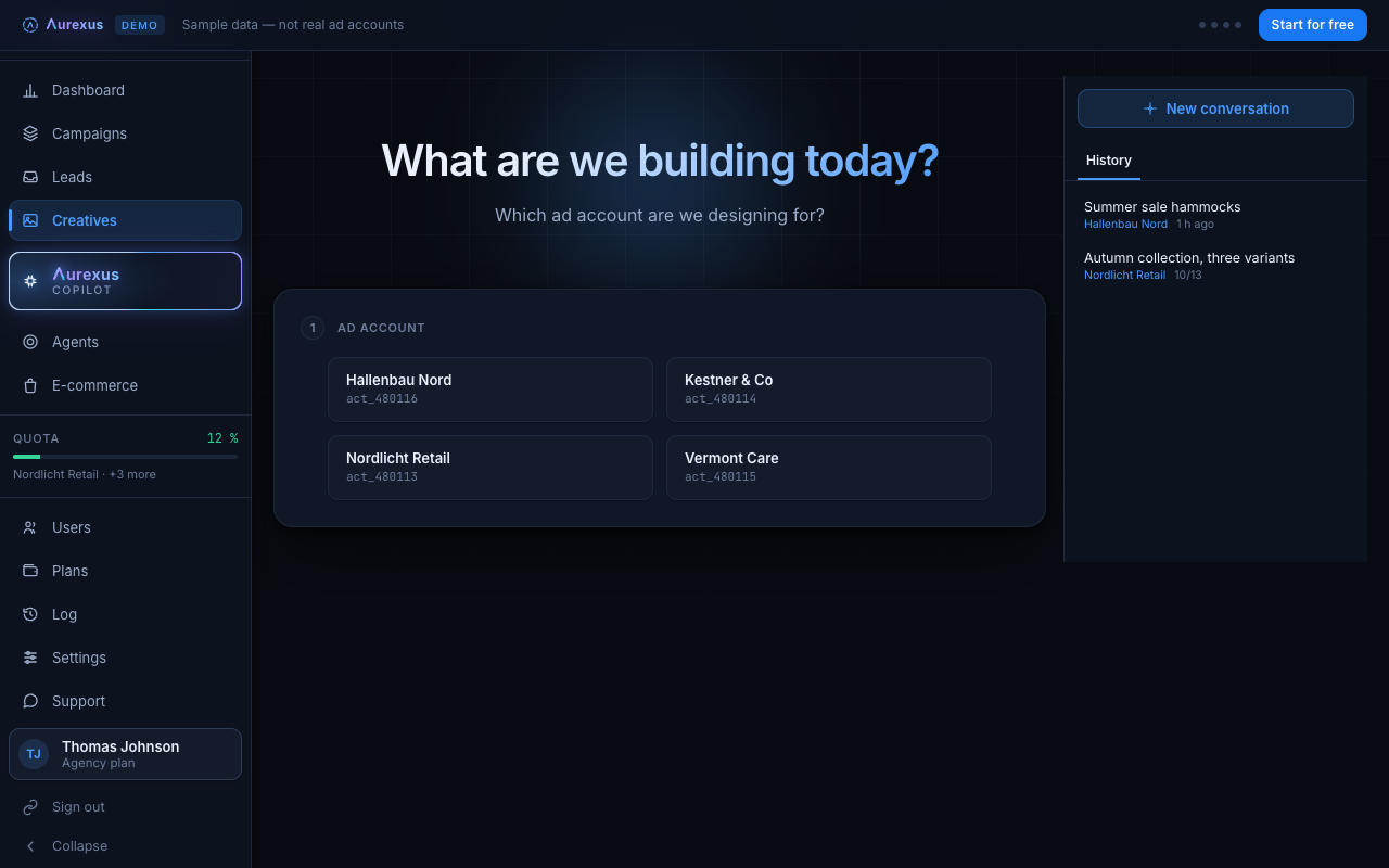 The aurexus Creative Center start screen: choose the demo ad account to design for
