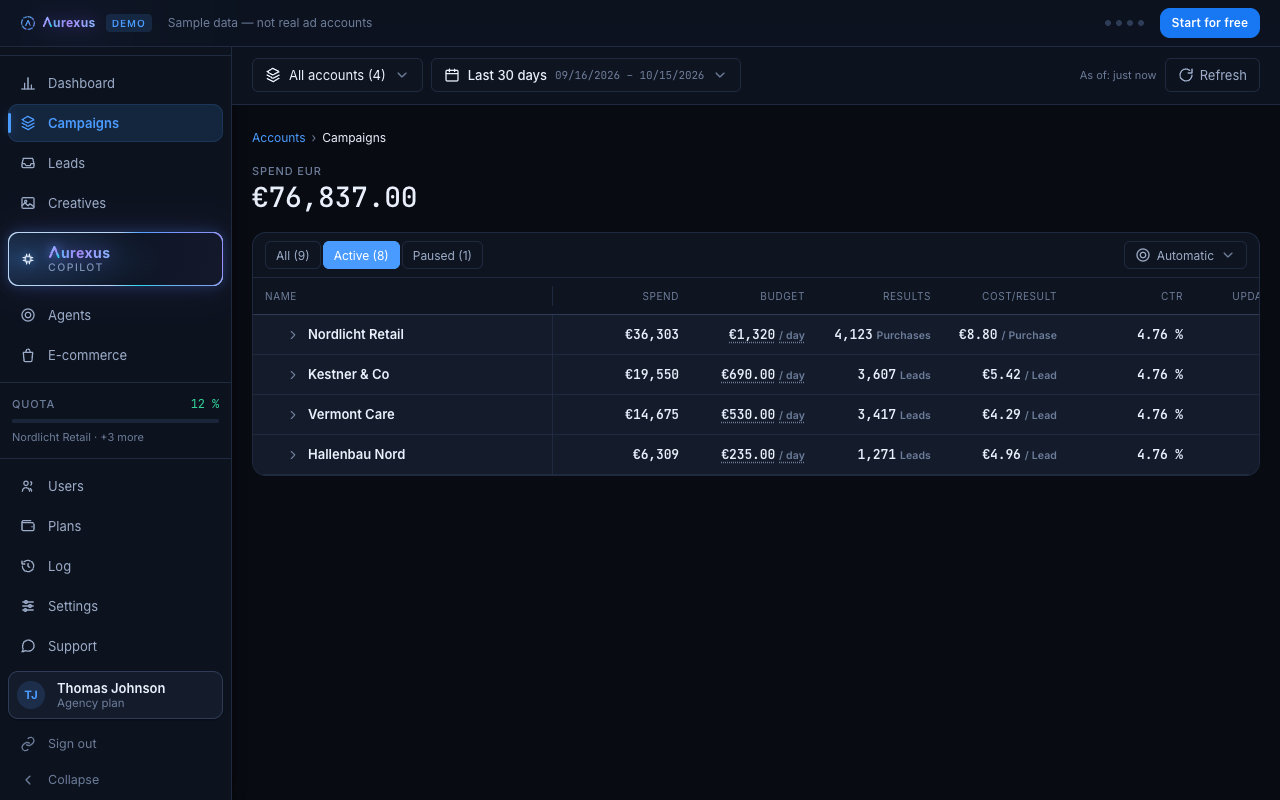 The campaigns view in aurexus with four demo ad accounts: spend, budget, results and cost per result, expandable down to the single ad